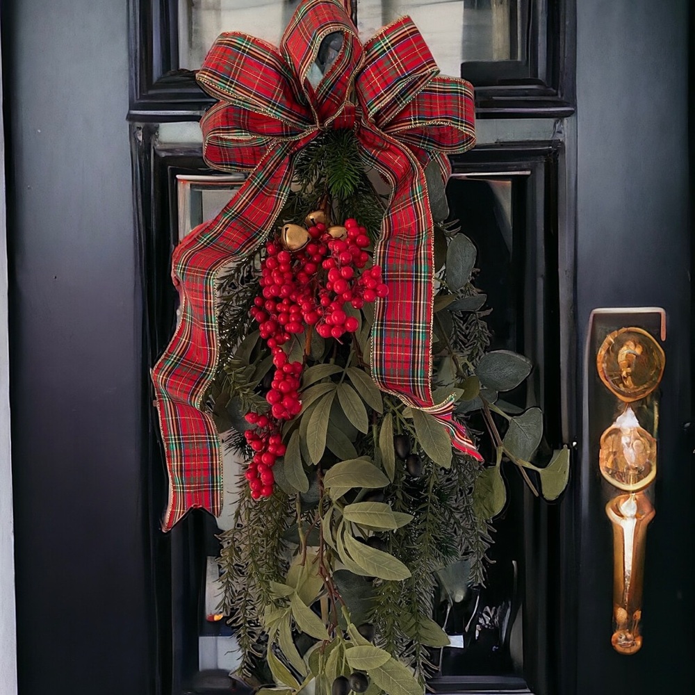 Christmas Swag Faux Greenery with Bells and Red Plaid Bow NWT